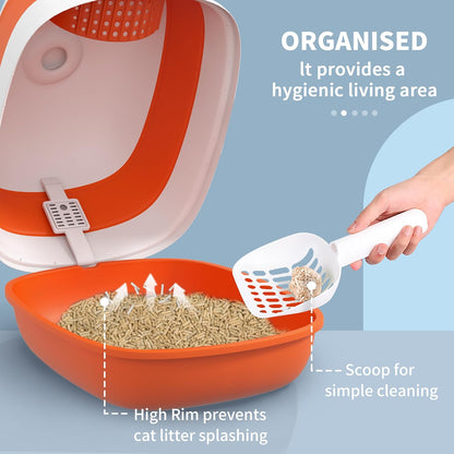 PawHut Foldable Large Cat Litter Box with Lid, Covered Kitten Litter Box w/Automatic Cat Litter-Proof Sides, Deodorization, Easy to Clean, White and Grey