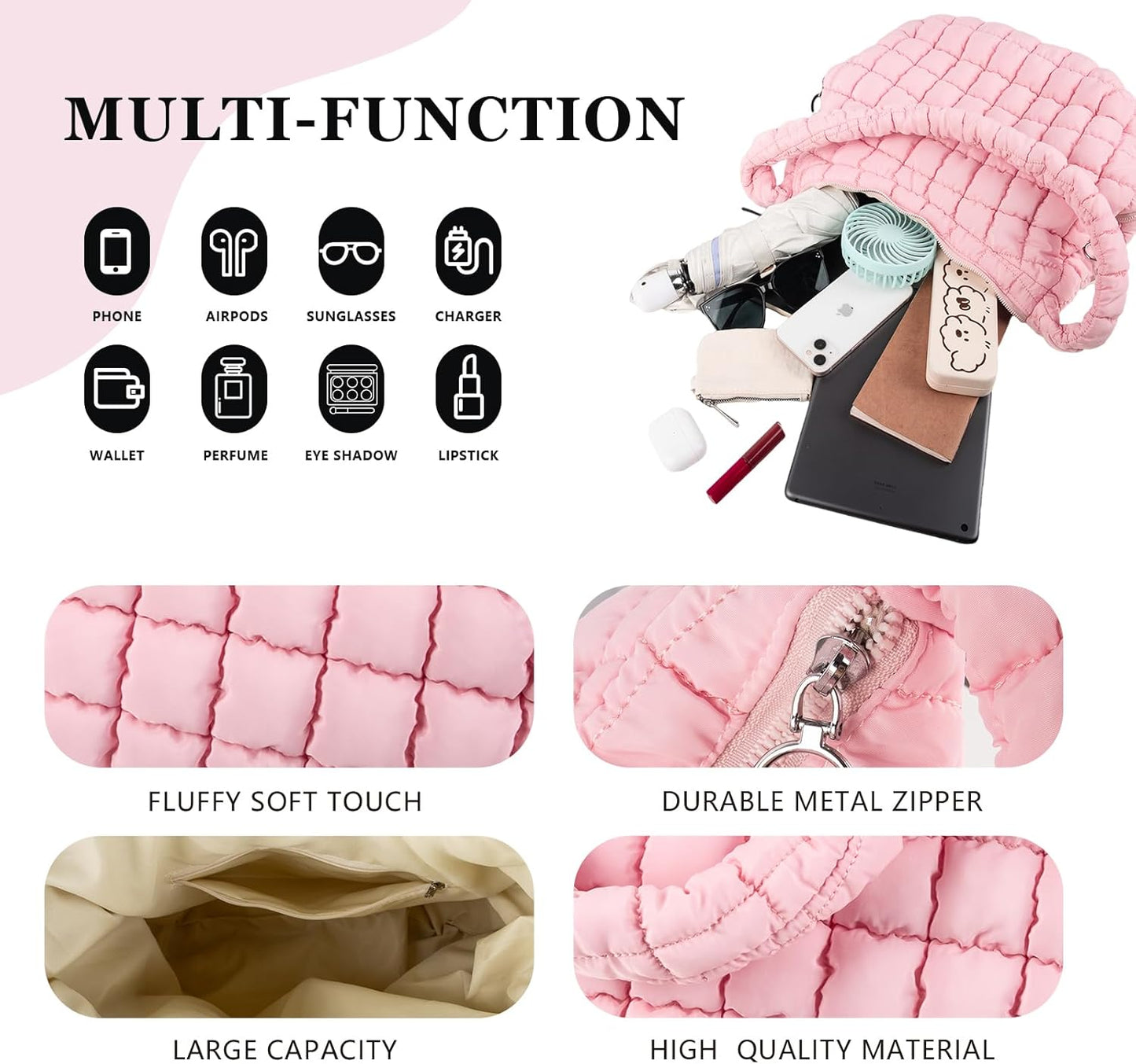 Quilted Puffer Tote Bag Large Crossbody Shoulder Bag with Zipper, Nylon Hobo Oversized Handbag