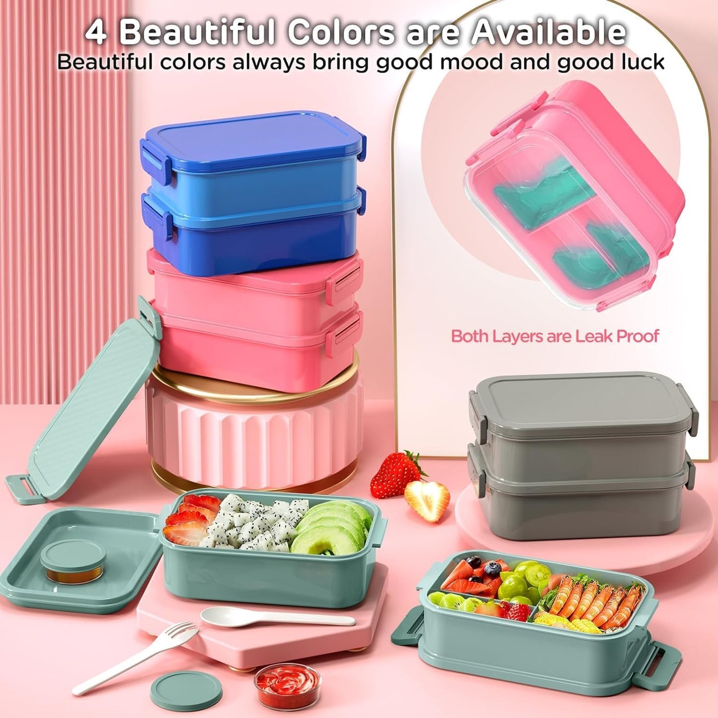 JSCARES Lunch Box Adults Bento Box - All-in-One Stackable 74 OZ Lunch Box Containers for Adult Large Bento Box with Fork Spoon Sauce Boxes, Leakproof Lunchbox for Work School Dining Out (Green)