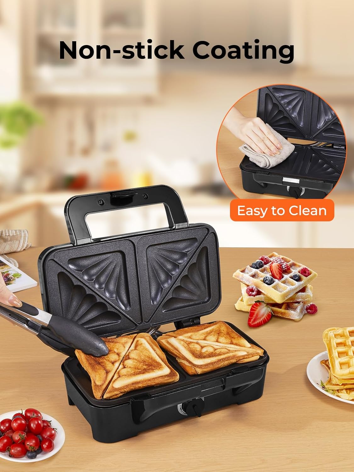 Sandwich Maker 3-in-1, Belgian Waffle Maker and Electric Panini Grill with 5-Gear Temperature and LED Indicator Lights, 3 Sets of Detachable Non Stick Plates, 1200W