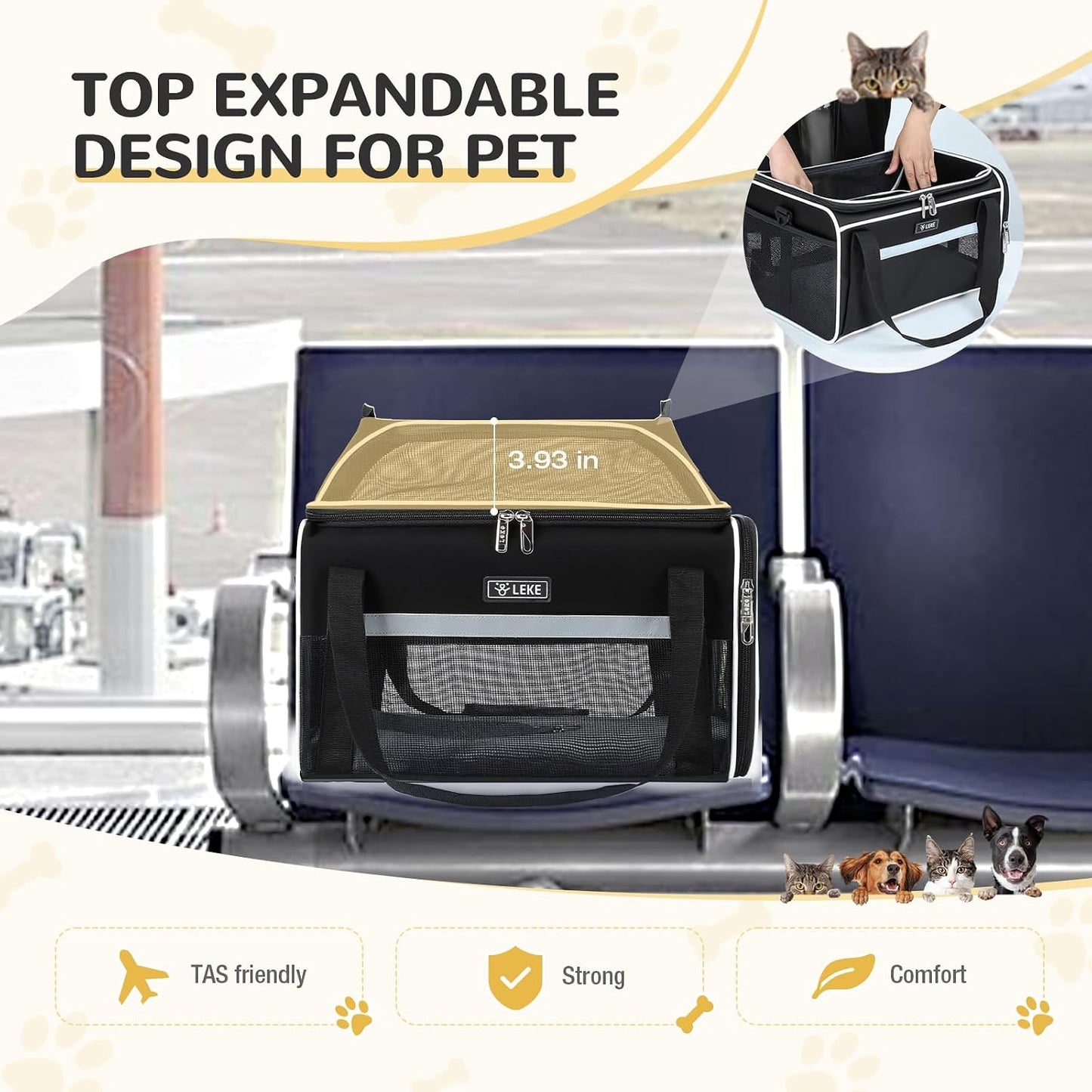 Lekereise Airline Approved Pet Carrier, Top-Expandable and Soft Sided Travel Cat Carrier for Small Cats & Dogs Up to 12lbs, 17x11x9.5 Inch, Black