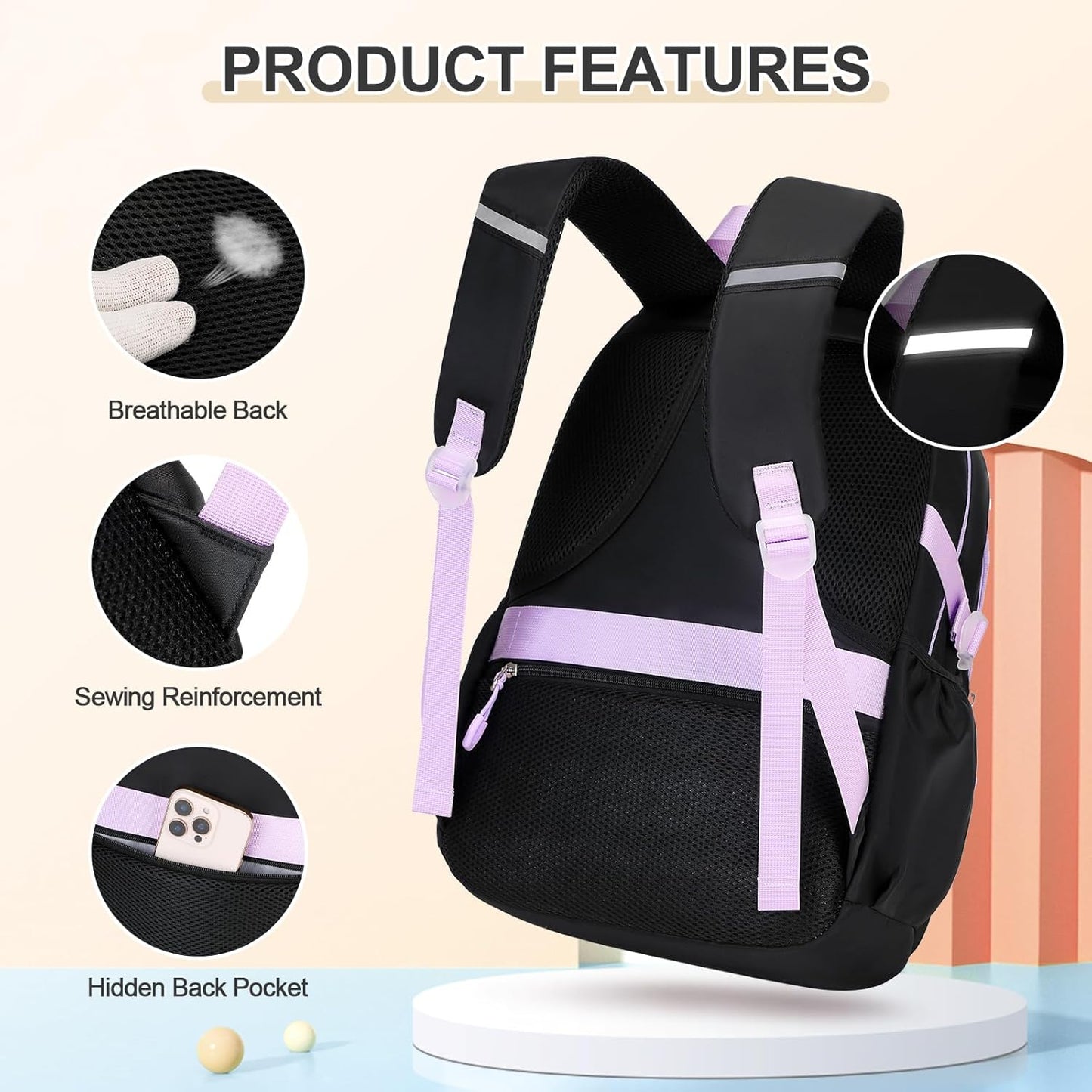 3PCS School Backpack for Girls with Lunch Box Pencil Pouch for Teen Girls Children Elementary Primary Middle High College Daypack School bag Bookbag Set Pink