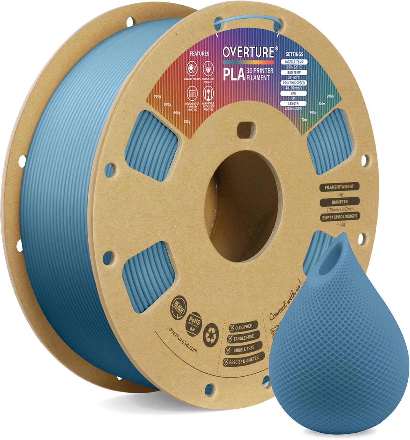 OVERTURE PLA Filament 1.75mm PLA 3D Printer Filament, 1kg Cardboard Spool (2.2lbs), Dimensional Accuracy +/- 0.02mm, Fit Most FDM Printer (Black 1-Pack)