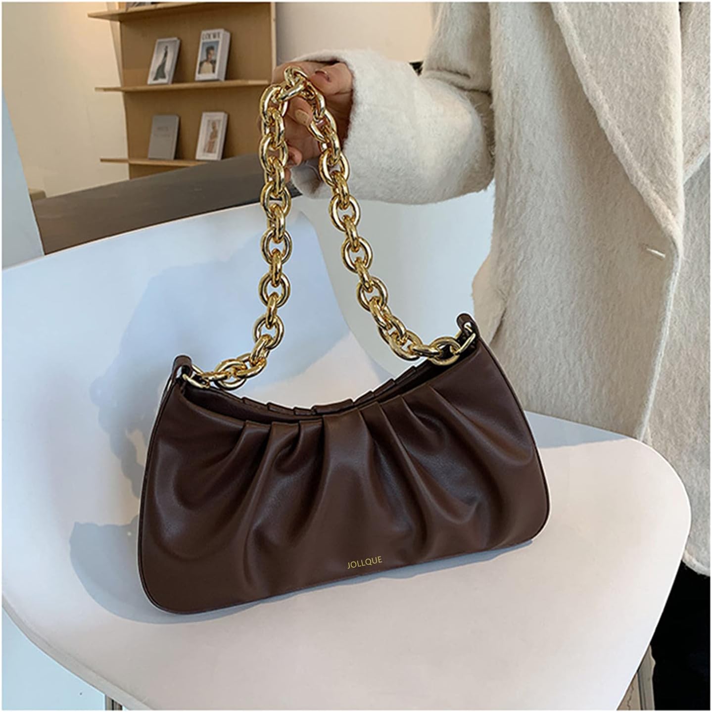 JOLLQUE Shoulder Bag for Women,Small Leather Handbag Purse,Gold Chain Evening Clutch