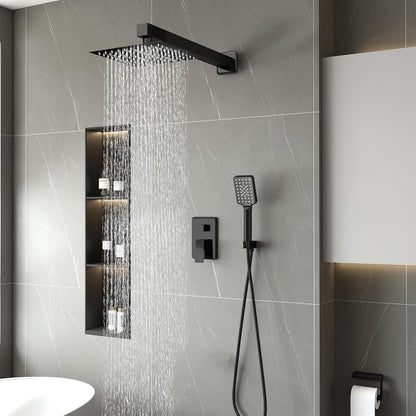 LCEVCGK Shower Faucet Set Complete Matte Black Shower System with 8 inch Square Rainfall Shower Head 3-Function Handheld Shower Waterfall Bathtub Spout Rain Shower Combo Set Bathroom Wall Mounted