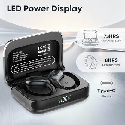 Wireless Earbuds Bluetooth 5.4 Headphones, Noise Canceling Ear Buds with 75hr Playtime, LED Power Display, IPX7 Waterproof Earphones Over Ear Earphones for Sports/Workouts