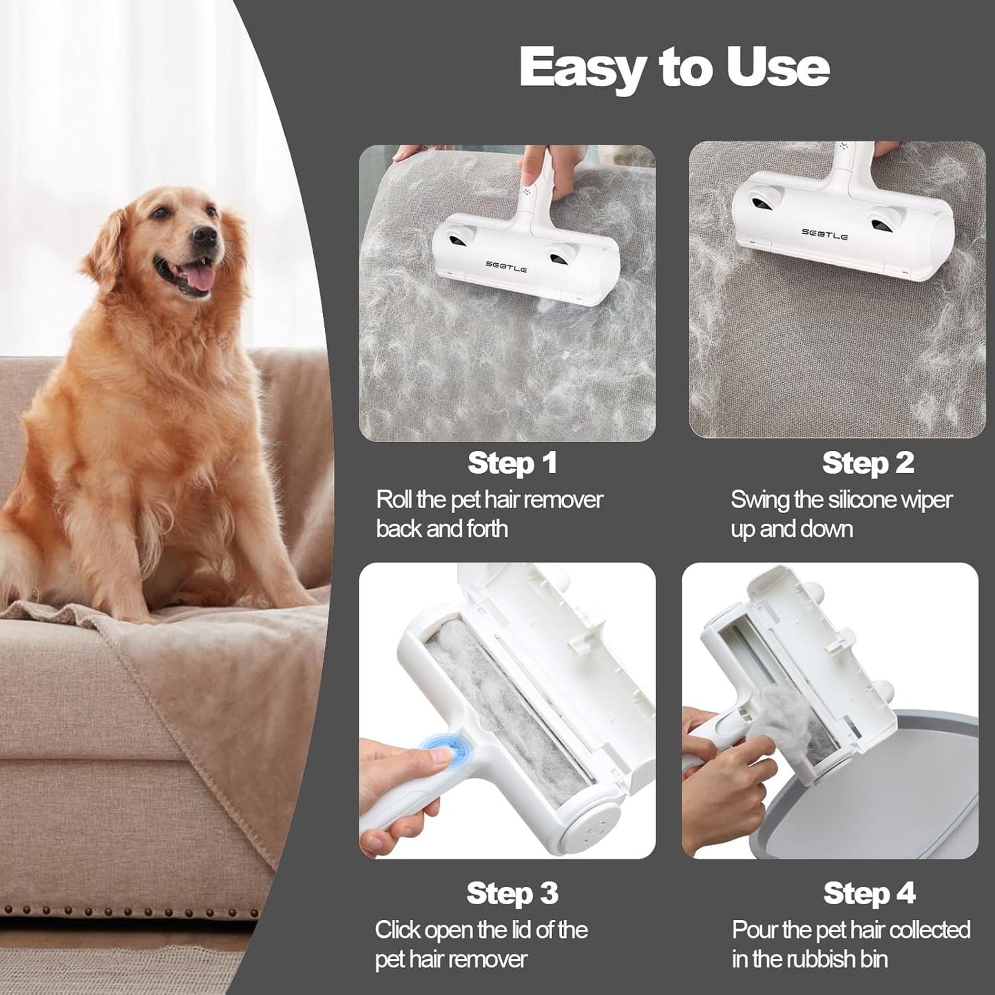 Sebtle Pet Hair Remover Roller,Reusable Animal Hair Removal Brush for Dogs and Cats,Lint Remover Easy to Clean Pet Fur from Carpet,Sofa,Bedding,Furniture and Rugs-Grey
