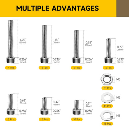 Mywish 900Pcs Metric Screw Assortment, M3 M4 M5 M6 Screw Assortment Kit 304 Stainless Steel Hex Socket Button Head Socket Cap Metric Screws Bolts & Flat Washers/Nuts/Hex Wrenches 16 Sizes 8MM to 20MM