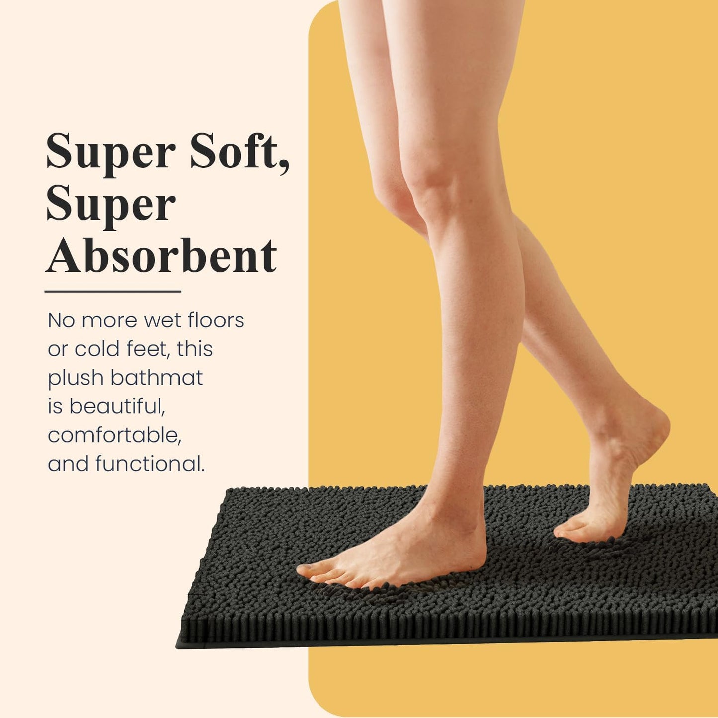 Soft Plush Chenille Bathroom Rug, Absorbent Microfiber Bath Mat, Machine Washable, Non-Slip Grip, Quick-Dry, Thick Shag Carpet Great for Bath, Shower Floor, Bedroom, or Door Mat (Beige, 17x24)