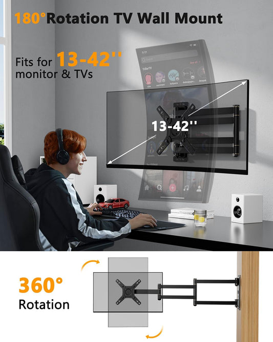 WHYFONE Long Arm Corner TV Monitor Wall Mount with 40.78" Extension for Most 13-43inch TVs Monitors, Full Motion Articulating Triple Arm Foldable, Max VESA 200x200mm, Vertical TV Mount