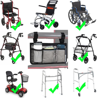Wheelchair Side Bag, Wheelchair Armrest Storage Pouch with Cup Holder and Reflective Strip for Wheelchairs, Walkers or Rollators (Black)