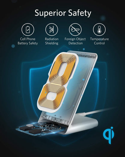 Anker 313 Wireless Charger (Stand), Qi-Certified for iPhone 14/14 Pro/14 Pro Max/13/13 Pro Max, 10W Fast-Charging Galaxy S20, S10 (No AC Adapter)