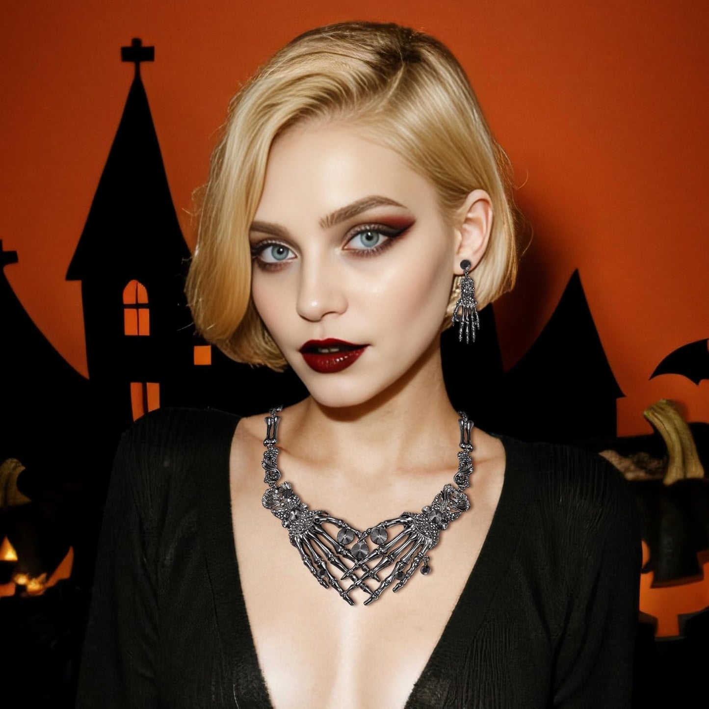 EVER FAITH Austrian Crystal Halloween Skeleton Hand Skull Necklace Earrings Set