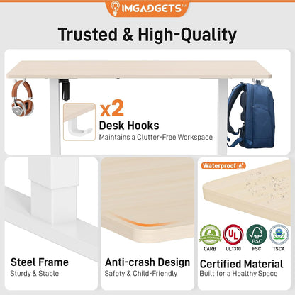 IMGadgets Electric Standing Desk, 47x24 Inches Height Adjustable, 2026 6th Gen Quiet Motor Ergonomic Sit Stand Desk, Computer Desk for Home Office, Height Memory Buttons, Display, 2 Headphone Holders