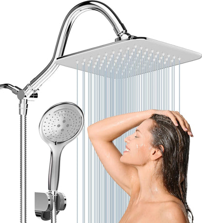 COSYLAND Rain Shower Head with Handheld - 304 Stainless Steel High Pressure 8 inch Square Rainfall Showerhead Combo with 5 Spray Mode 11 inch Extension Adjustable Arm & 60 inch Hose - Chrome
