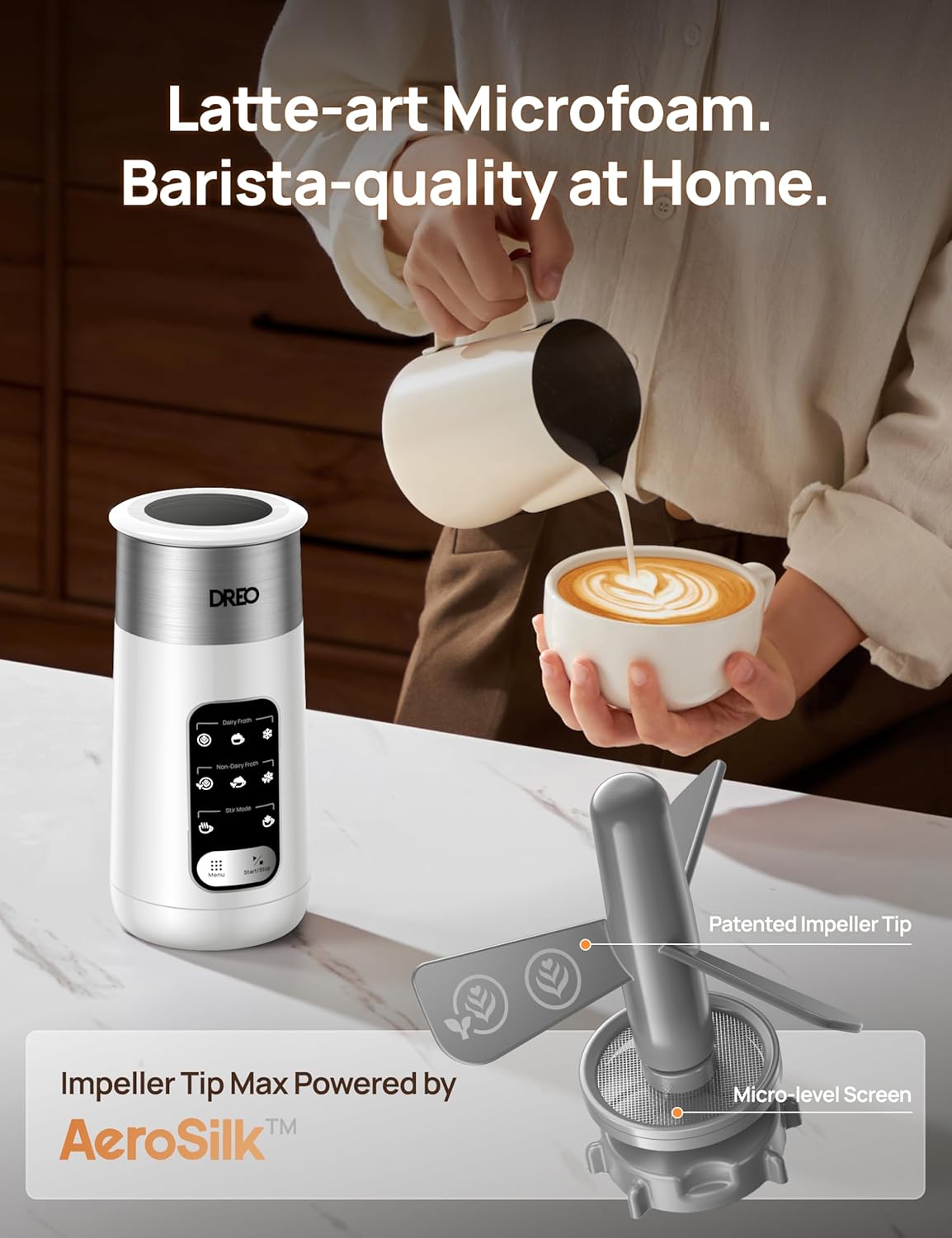 Dreo Milk Frother, 8-in-1 Electric Frother for Latte Art Coffee, 9oz/270ml Warm and Cold Foam Automatic Frothers for Dairy and Non-Dairy Milk, LED, Easy to Clean, BaristaMaker Air