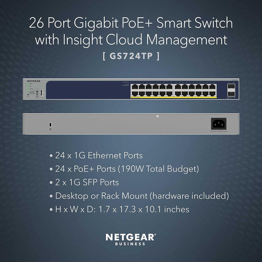 NETGEAR 26-Port PoE Gigabit Ethernet Smart Switch (GS724TP) - Managed, 24 x 1G, 24 x PoE+ @ 190W, 2 x 1G SFP, Optional Insight Cloud Management, Desktop or Rackmount, and Limited Lifetime Protection - PuriLite