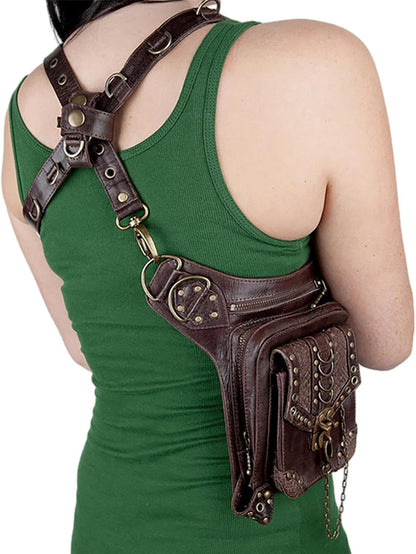 JMEDIC Medieval Belt Bag - Waist Leg Bag Fanny Pack PU Leather | Waterproof Steampunk Pouch, Fashion Gothic Fanny Pack for Travel, Hiking, Girls, Women, Men