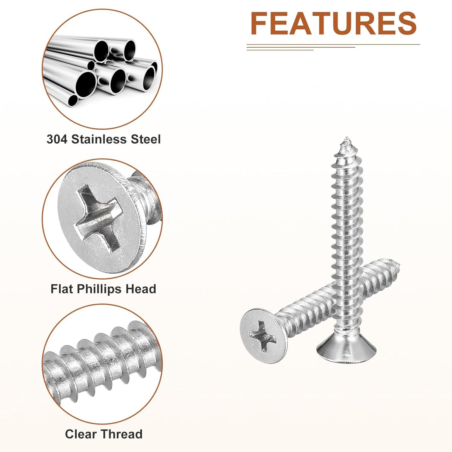 DTGN 100Pcs #8x1 Flat Head Wood Screws, 304 Stainless Steel Phillips Self Tapping Screws - Good for Woodworking, Furniture - Silver