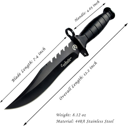 Fixed Blade Camping Knife, Hunting Knife with Nylon Sheath in Non-Slip Handle and High Carbon Stainless Steel Black Blade, Tactical Tools for Outdoor Hiking, Fishing, Carving, Diving, Bowie Combat Knife Everyday Carry