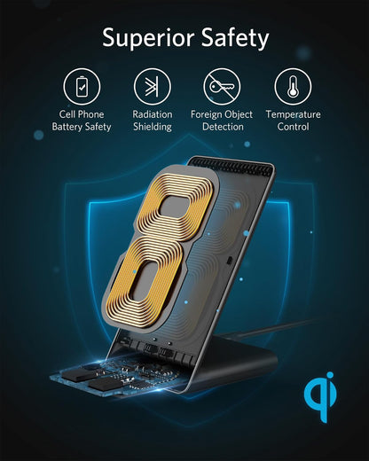 Anker 313 Wireless Charger (Stand), Qi-Certified for iPhone 14/14 Pro/14 Pro Max/13/13 Pro Max, 10W Fast-Charging Galaxy S20, S10 (No AC Adapter)