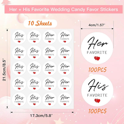 TESWEY 200Pcs His and Her Favorite Wedding Candy Favor Stickers,Candy Bag Seals Label Stickers for Wedding Favors, Bridal Shower Favor Treat Bag Stickers for Party