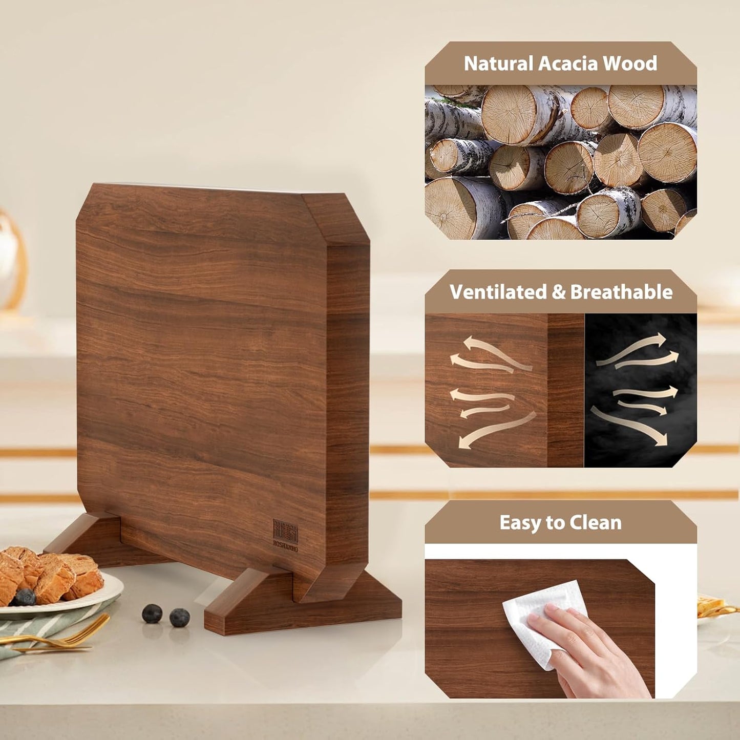 HOSHANHO Magnetic Knife Block 14 x 10 Inches, Double Sided Magnetic Knife Holder Rack for Kitchen Counter, Acacia Wood Magnetic Knife Storage Stand with Knife Sharpener