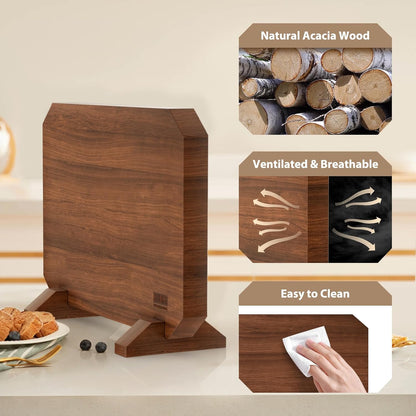 HOSHANHO Magnetic Knife Block 14 x 10 Inches, Double Sided Magnetic Knife Holder Rack for Kitchen Counter, Acacia Wood Magnetic Knife Storage Stand with Knife Sharpener