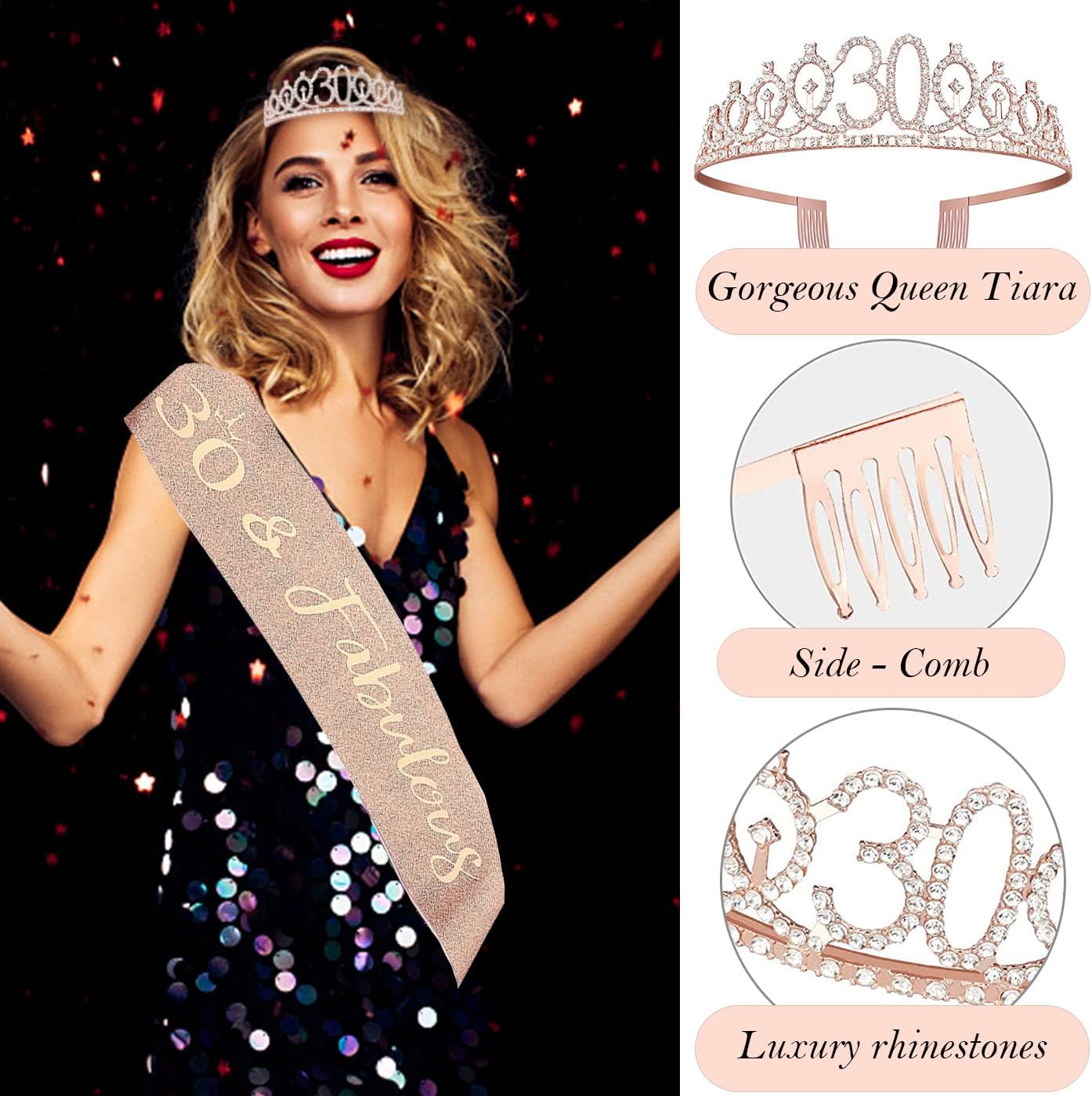 8pcs 40th Birthday Decorations gifts for Women, Including 40th Happy Birthday Cake Topper, Queen Sash with Pearl Pin, Sweet Rhinestone Tiara Crown for Women, Number Candles and Balloons (Rose Gold)