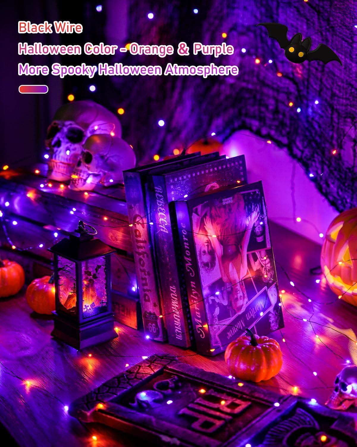 Solar Halloween Decoration Lights, JMEXSUSS 2 Pack 33FT 100 LED Orange and Purple Halloween String Lights, Halloween Lights with 8 Modes for Halloween Tree Yard Outdoor Spooky Party Garden Decorations
