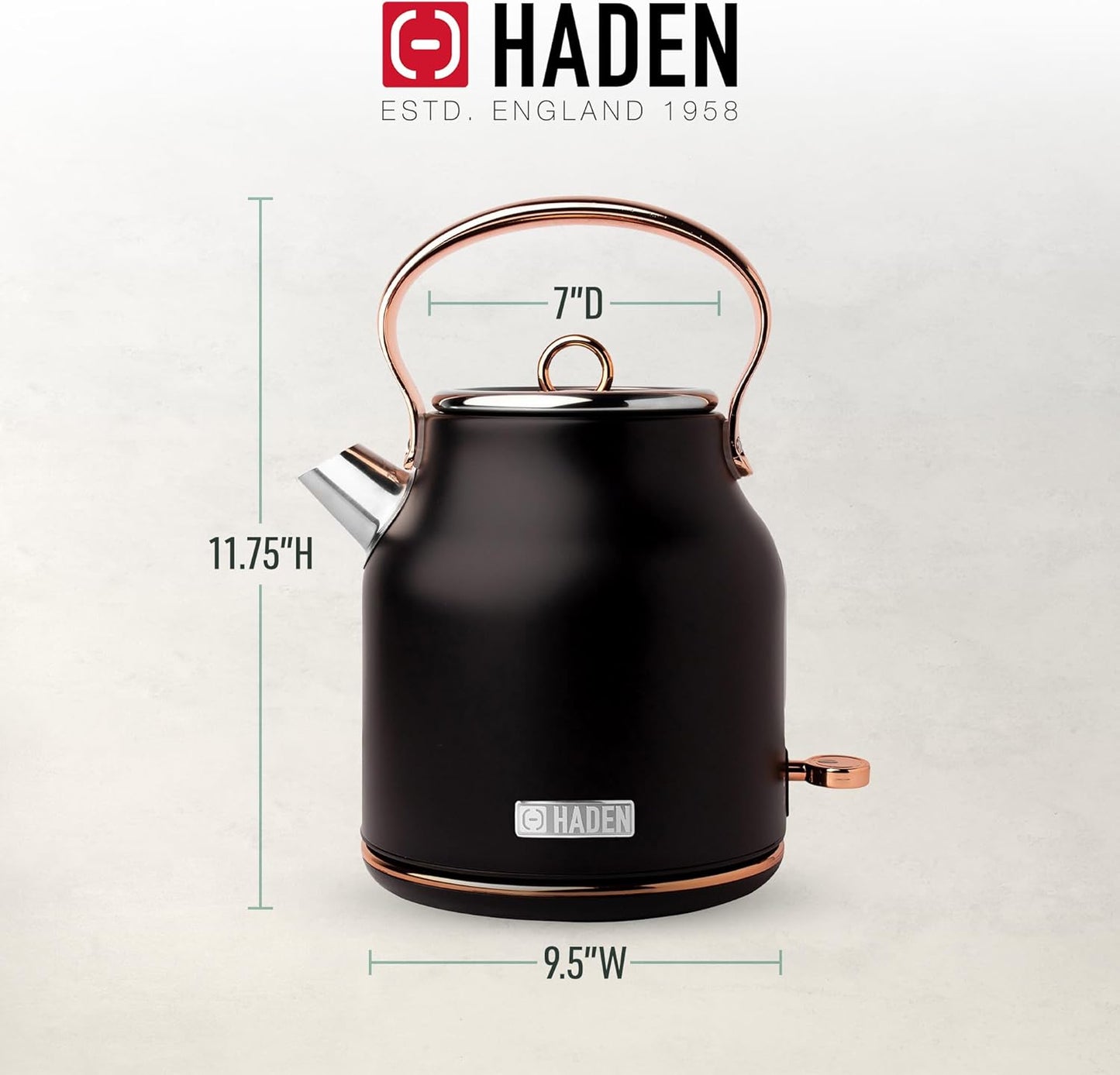 Haden 75041 Heritage 1.7 Liter (7 Cup) Stainless Steel Electric Kettle with Auto Shut-Off and Boil Dry Protection, Black/Copper