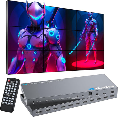 HDMI Video Wall Controller, RIUIIN TV Wall Controller, 4K TV Wall Processor, 180° Rotation, Audio, IR Remote, 2x2,1x2,1x3,1x4,2x1,3x1,4x1, Make 4 tv Screens into Wall Display