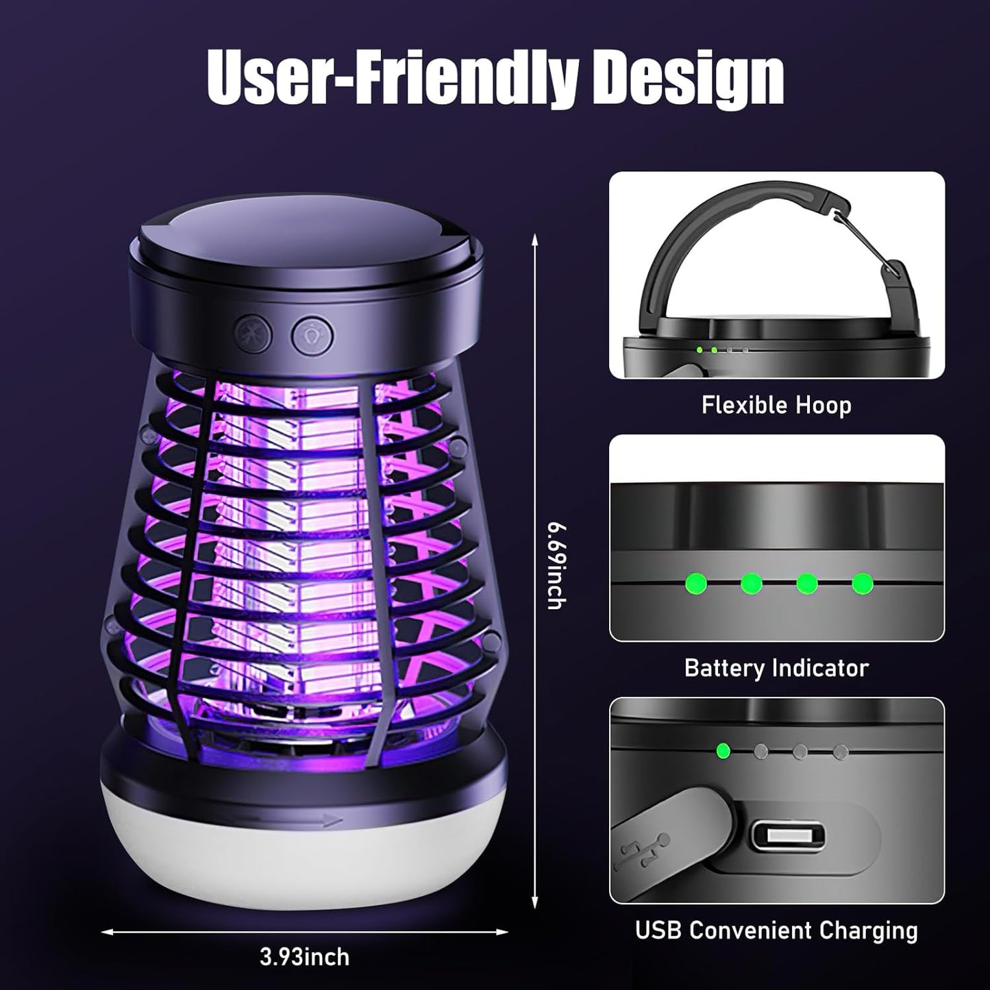Bug Zapper Outdoor, Electric Mosquito Zapper 2 in 1 Bug Zapper Indoor with 2000mAh Battery & LED Night Light, Fly Traps Outdoor, 2000V Electric Fly Zapper for Home, Patio, Backyard (Matte Black)