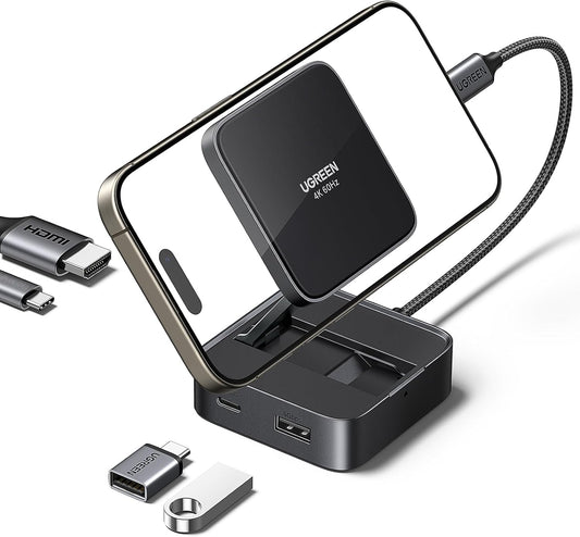 UGREEN USB C Hub, 4-in-1 Magnetic USB C to HDMI Adapter 4K@60Hz, 100W PD Charging, A and C Data Ports, Foldable Portable Adapter for iPhone 15/16 Series, iPad, Galaxy S24 and More