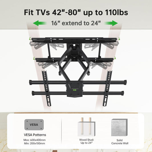 USX MOUNT TV Wall Mounts Fit 16" 18" or 24" Studs for 42"-80" TVS Holds up to 110lbs, Full Motion TV Wall Mounts Tilt Swivel Extension TV Mounts with Dual Articulating Arms, Max VESA 600x400mm - PuriLite