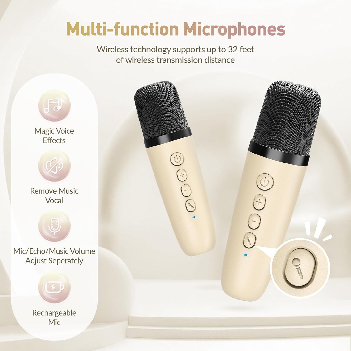 Karaoke Machine, Portable Bluetooth Karaoke Speaker with 2 Wireless Microphones and Party Lights for Kids and Adults, Birthday Gifts for Girls Boys Family Home Party (Beige2)