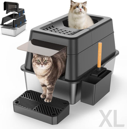 Stainless Steel Litter Box with Lid, XL Extra Large Enclosed Cat Litter Box for Big Cats 110° Flip Cover, Top Entry Metal High Sided Litter Box & Pedal & Scoop, Anti-Leakage (Grey)