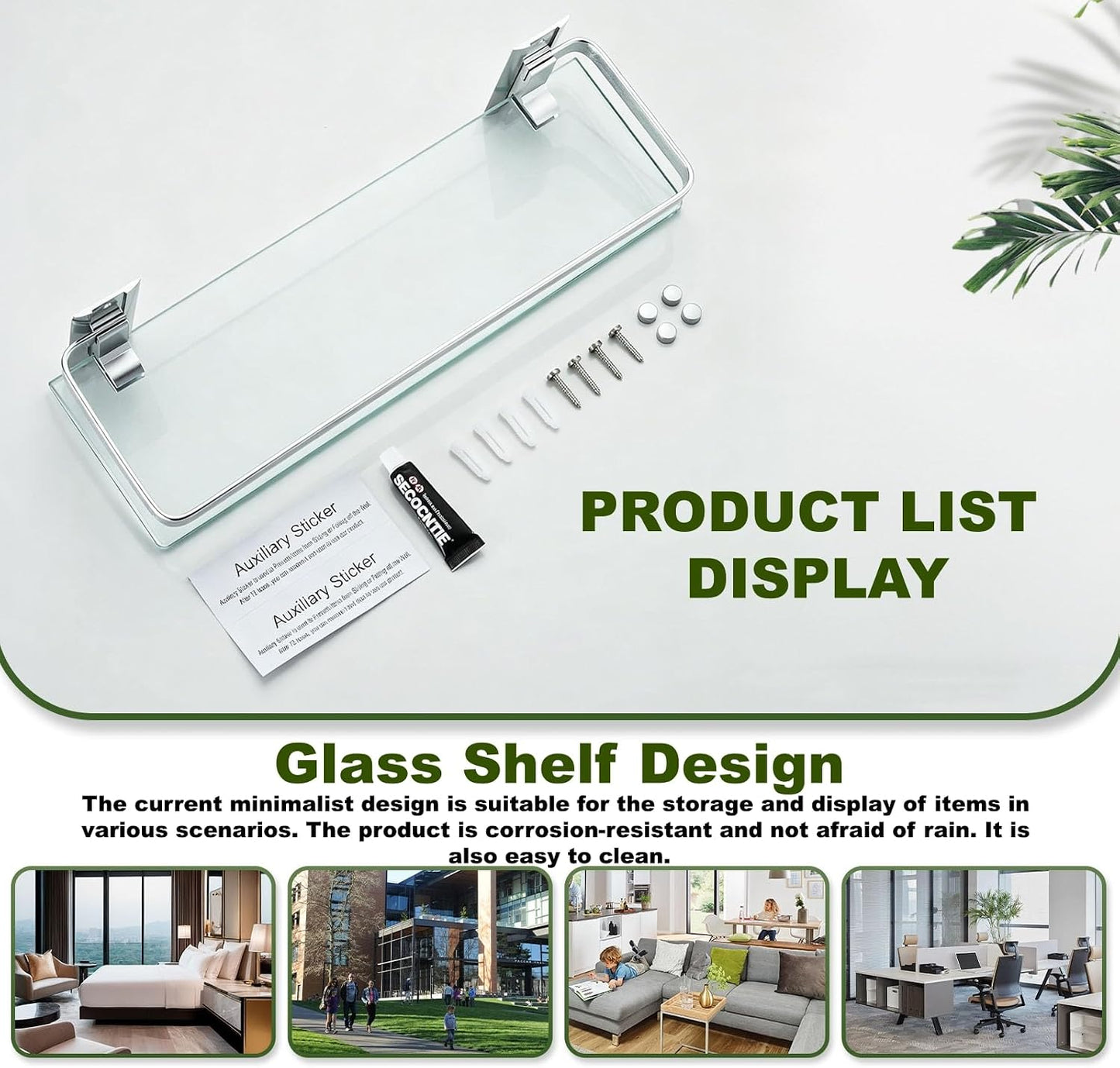 Bathroom Glass Shelf 15.7" Silver Wall-Mounted, Floating Metal Storage Rack | 3 Pack Aluminum Tempered Glass 0.3in Extra Thick Rectangular，Space-Saving Design