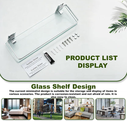 Bathroom Glass Shelf 15.7" Silver Wall-Mounted, Floating Metal Storage Rack | 3 Pack Aluminum Tempered Glass 0.3in Extra Thick Rectangular，Space-Saving Design