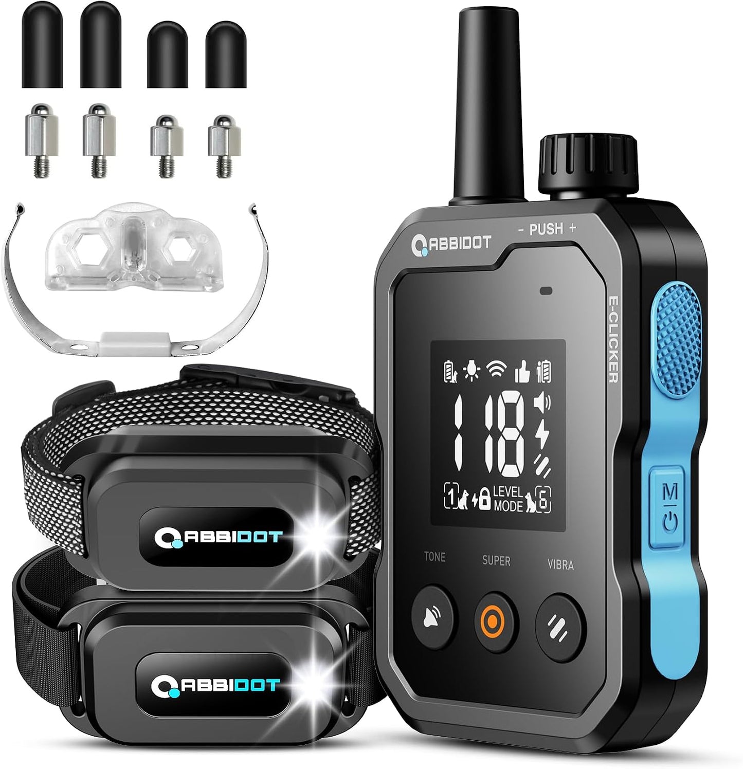 ABBIDOT Shock Collar - 4500ft Range Dog Training Collar, Super Mode, E-Clicker, Night Light, Safety Lock, Waterproof Rechargeable E Collar for Small Medium Large Dogs (Black, 1 Collar)