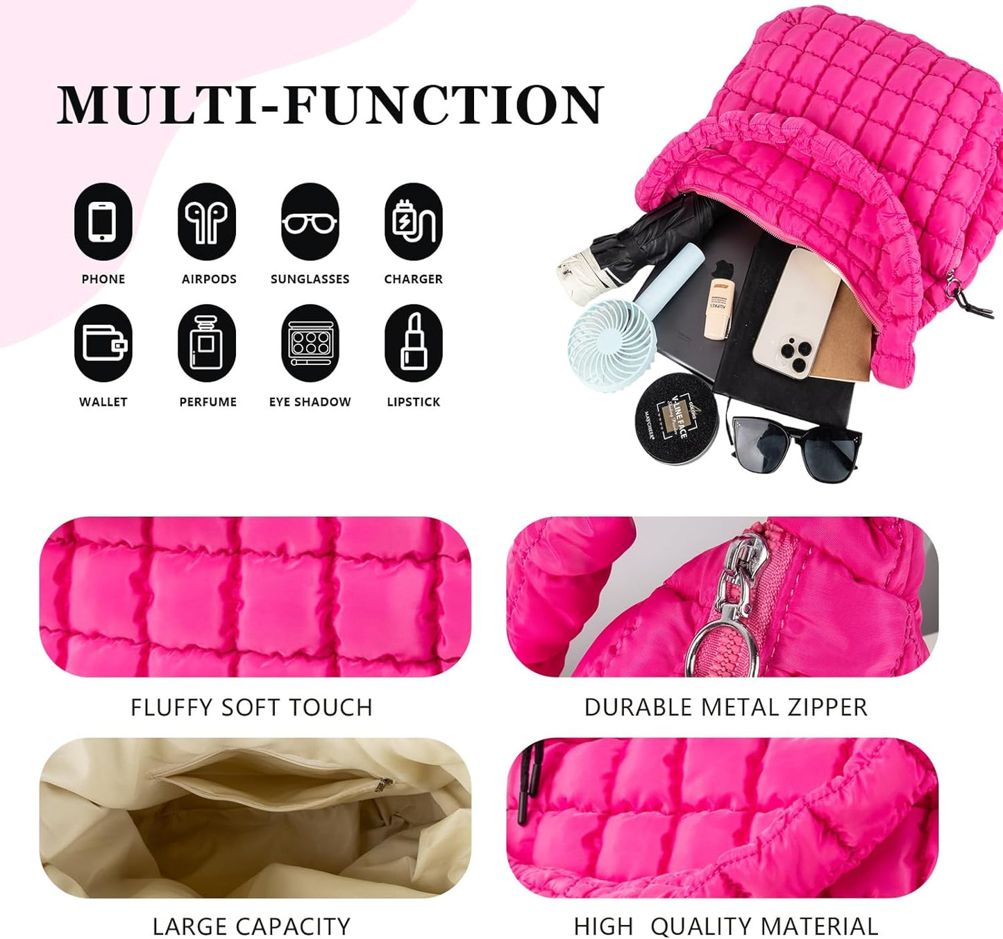 Quilted Puffer Tote Bag Large Crossbody Shoulder Bag with Zipper, Nylon Hobo Oversized Handbag