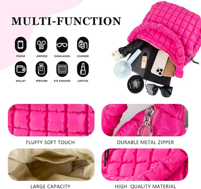 Quilted Puffer Tote Bag Large Crossbody Shoulder Bag with Zipper, Nylon Hobo Oversized Handbag