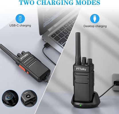 PTTalky FR1 Walkie Talkies for Adults Long Range, Rechargeable 2-Way Radio Walkie Talkie with Charge Cable Charger Dock for Hunting Commercial Cruises (2 Pack)