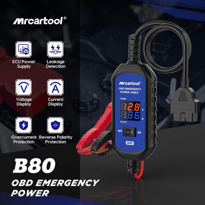 MR CARTOOL OBD2 Car Memory Saver Cable with Voltage and Current Display, Vehicle Emergency Power Supply Cable 12V withAuto Leakage Detection,2 Alligator Clips&3A Fuse