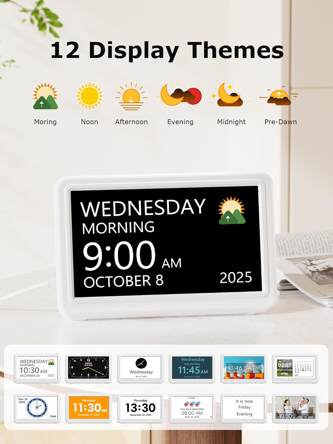 10.1'' Large Display Dementia Clock for Seniors, Calendar Clock with Remote Control,12 Themes, 20 Alarms, 20 Reminders, 6 Languages, Auto Dimming, 12/24 Hours, Indoor Temperature, Humidity