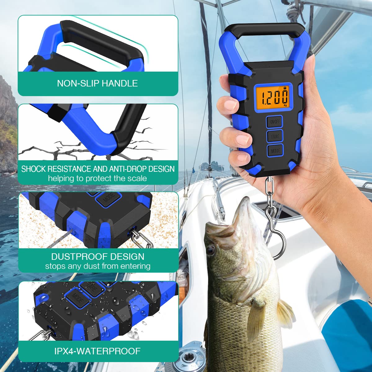 ORIA Fish Scale Digital, Fishing Scale, Fish Scale with Ruler, 50kg/110lb Electronic Digital Luggage Scale, Waterproof, Backlit LCD Display (Gray)