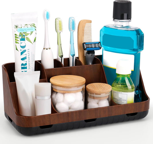 Wood Finish Bathroom Countertop Organizer with 7 Slots, Detachable Toothbrush and Toothpaste Holder with Drainage, Brown - PuriLite