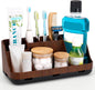 Wood Finish Bathroom Countertop Organizer with 7 Slots, Detachable Toothbrush and Toothpaste Holder with Drainage, Brown - PuriLite
