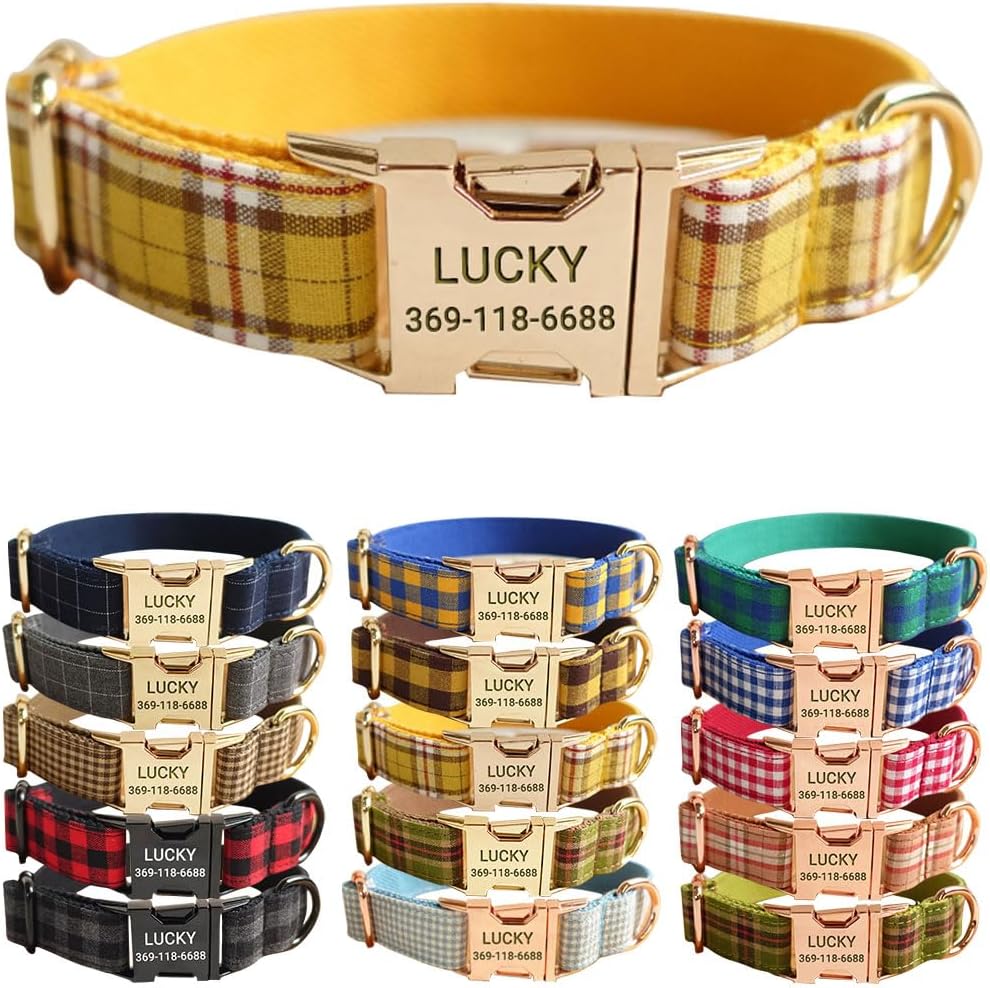 PETDURO Personalized Buffalo Plaid Dog Collar Red Black - Engraved Name and Phone Number on Black Metal Buckle - Custom for Small Medium Large Boy Girl Dogs - Add Leash Bow Tie via Customize Now
