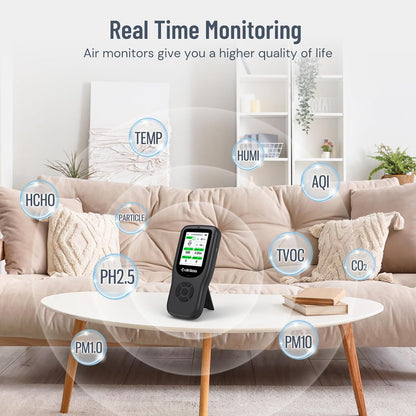 LifeBasis Air Quality Monitor Indoor, 10-in-1 Air Quality Detector with Stand, Real-Time Air Meter Test AQI, PM1.0, PM2.5, PM10, CO2, TVOC, HCHO, Particles, Temperature and Humidity with Alert -Black
